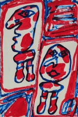 Jean Dubuffet, Site Aléatoire avec 2 Personnages, 1982.  This painting represents two characters painted in Dubuffet simple Art Brut aesthetic, both characters fully occupy the canvas. They are depicted with one simple navy lines and reduced to simple forms. They have a head, a bust, two legs but no harms, or ears or hair.  They are both framed with a rectangle made of red lines, the background is made of scribbled blue and red lines.