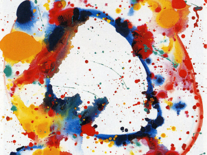 Sam Francis, Holy Hole 1973. This is a cropped image of an abstract painting by Sam Francis, depicting the shape of a blue circle in its center with color drip and spots all around of warm tons, orange, red, pink.