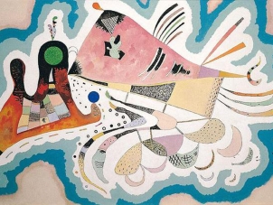 This image represents a painting by Kandinskt, titled, Voisinage, executed in 1939.  The present work is an important composition from the artist's last great abstract period. The elements that build up Voisinage echo forms from the animal kingdom, such as the amoeba-like structures along the lower edge of the painting and the whale-shaped pink mass with its fish tail that dominates the center of the composition. This organic affinity imbues the painting with a wonderfully playful character and a vibrant sense of optimism and affirmation.