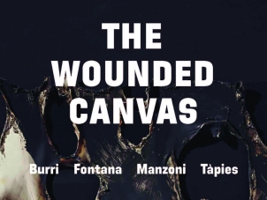 This image is the poster of the exhibition The Wounded Canvas, which features in the background a painting by Albert Burri titled Alberto Burri's Combustione plastica, featuring a black background and a surface that looks like craters created by burned plastic. The flyer also features the name of the four artists participating to the exhibition, Burri, Fontana, Manzoni, Tapies.