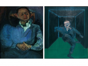 This image is the poster of the exhibition Chaim Soutine and Francis Bacon it features on the left a painting by Soutine and on the right a painting by bacon. They both feature the portrait of a man in their specific style.