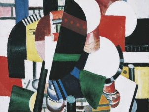 This image is a cropped photo of Fernand Leger's painting titled "Composition aux Trois Profils" (Composition with Three Profiles) executed in 1937. The present work belongs to Léger's most abstract series founded on this contrast, and it anticipates the artist's development over the next decade. His fascination with the composition intensified in 1937, a highly productive year in which he made seven variations of the painting. The present painting – and the other versions from that year – have an unprecedented complexity of form, exuberance of movement and brilliance of color. 
