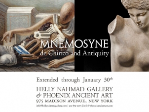 this flyer displays the tile and date of the exhibition titled Mnemosyne de Chirico and Antiquity. It also features on the top left a cropped image of a Giorgio de Chirico painting and on the right it shows a ancient marble statue of a woman.