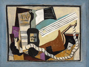 This image features a painting by Picasso, titled, Partition, Bouteille de Porto, Guitare, Cartes à Jouer, produced in 1917, representing a still life featuring a guitar as its central elements and a bottle of porto. 