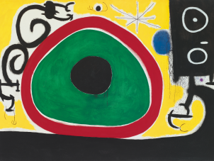 This is a cropped image of Joan Miró's painting titled Oiseaux en Fête pour le lever du Jour, 21 March 1968, 1968 (Birds' Joy at Day's Birth), 21 March 1968