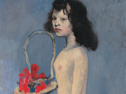 this is a cropped image of Picasso's painting titled Fillette à la corbeille fleurie, painted in 1905. A masterpiece from the Blue period.
