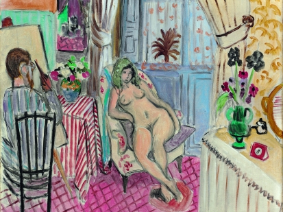 This is a cropped image of Henri Matisse's painting titled the artist and his model. It represents a nude model seated on an armchair in an interior and a painter holding a brush, looking at her and painting her at his easel. The overall color palette is bright and warm, filled with sky blue, bright yellows, and pink lemonade and red. There is a lot of patterns and stripes on the carper the tablecloth and the wall paper which provides a rich and vibrant composition.