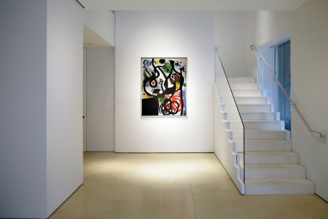Installation view of Selected Works by 20th Century Masters featuring Joan Miró, Femmes et Oiseaux dans la nuit, 1968. Oil on canvas 145 x 113 cm. (57 x 44 1/2 in.) Photography by Bianca Boragi. ©Helly Nahmad Gallery NY.