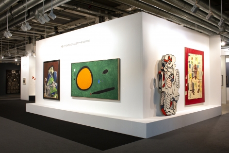 Installation view of Art Basel | Basel 2019, booth H5. ©Helly Nahmad Gallery NY. Photography by Studio MDA. This photo features the left side of the booth. The focus is a large scale pai nting by Joan Miro and a sculpture by jean Dubuffet.