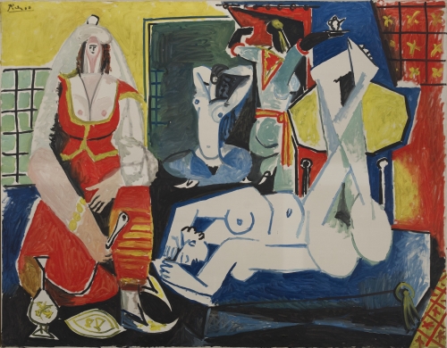This is an image of a painting by Pablo Picasso which is currently being featured at the Louvre Lens for the exhibition, Les Louvres de Picasso. The title of the painting is The Women of Algiers version J 26 January 1955.
