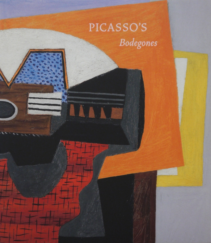 Image of the front cover of the book Picasso Bodegones which features a segment of PIcasso's painting, Guitare sur un Tapis Rouge (Guitar on a Red Carpet), 1922.